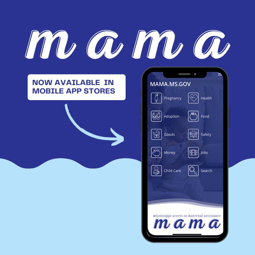 MAMA App Graphic showing categories like Pregnancy, Health, Adoption, Food, Goods, Safety, Money, Jobs, Child Care